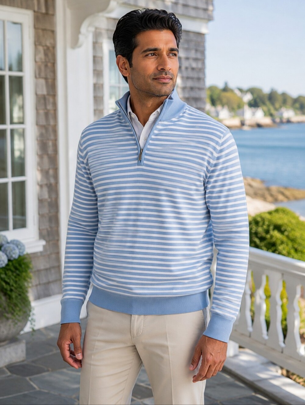 Brooks Brothers Supima Cotton Pique Striped Quarter Zip Sweater L NWT